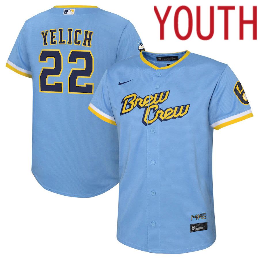 Custom Youth Milwaukee Brewers #22 Christian Yelich Nike Powder Blue 2022 City Connect Replica Player MLB Jersey->customized mlb jersey->Custom Jersey